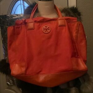 Tory Burch Orange Nylon & Leather Tote Bag
